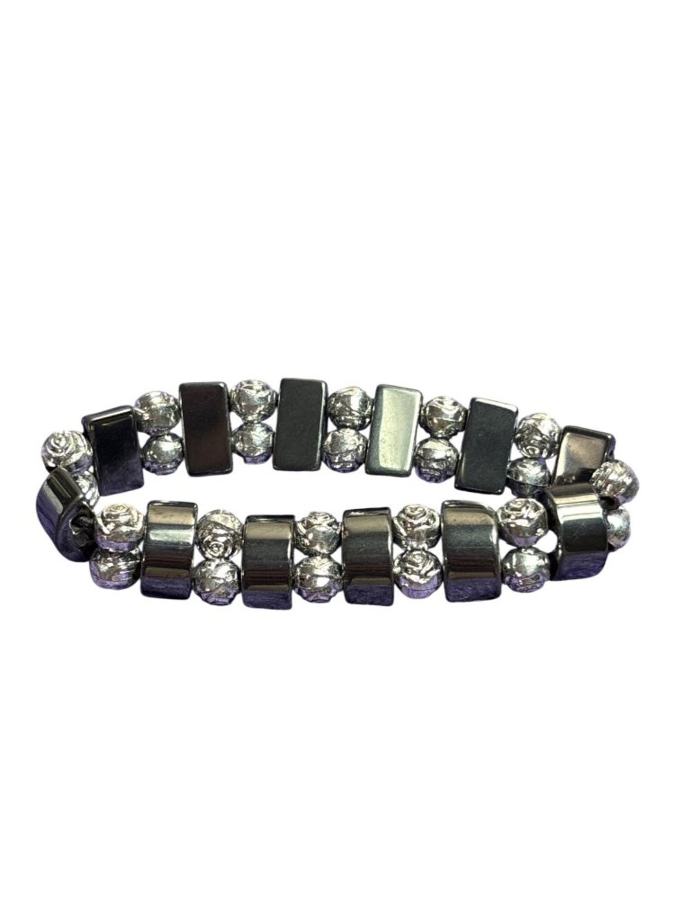 Hematite Silvertone Roses Beaded Stretchy Bracelet 5.25 inches Unstretched